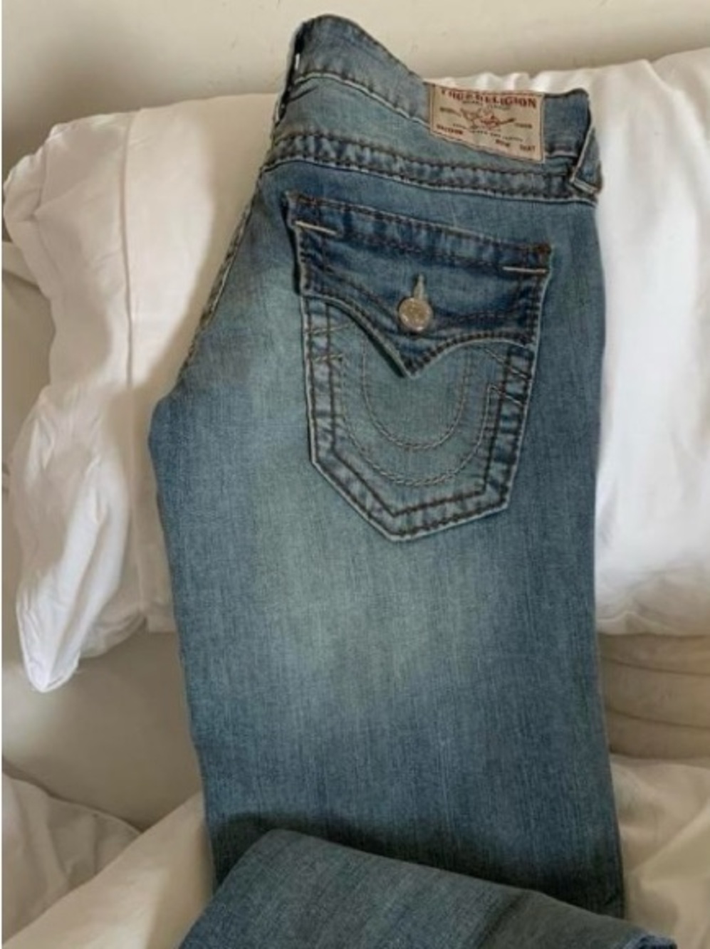 True Religion Women's Light Blue Bootcut Jeans with Signature Pocket